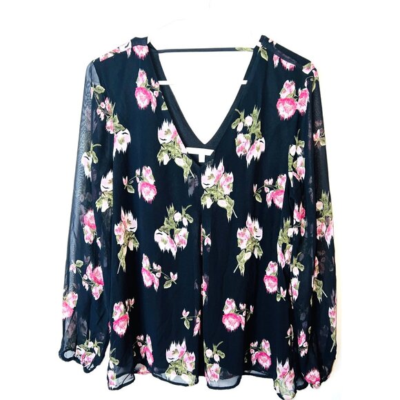Daniel Rainn Sheer Black Floral Blouse With V Neck Long Sleeves Medium - Picture 1 of 5